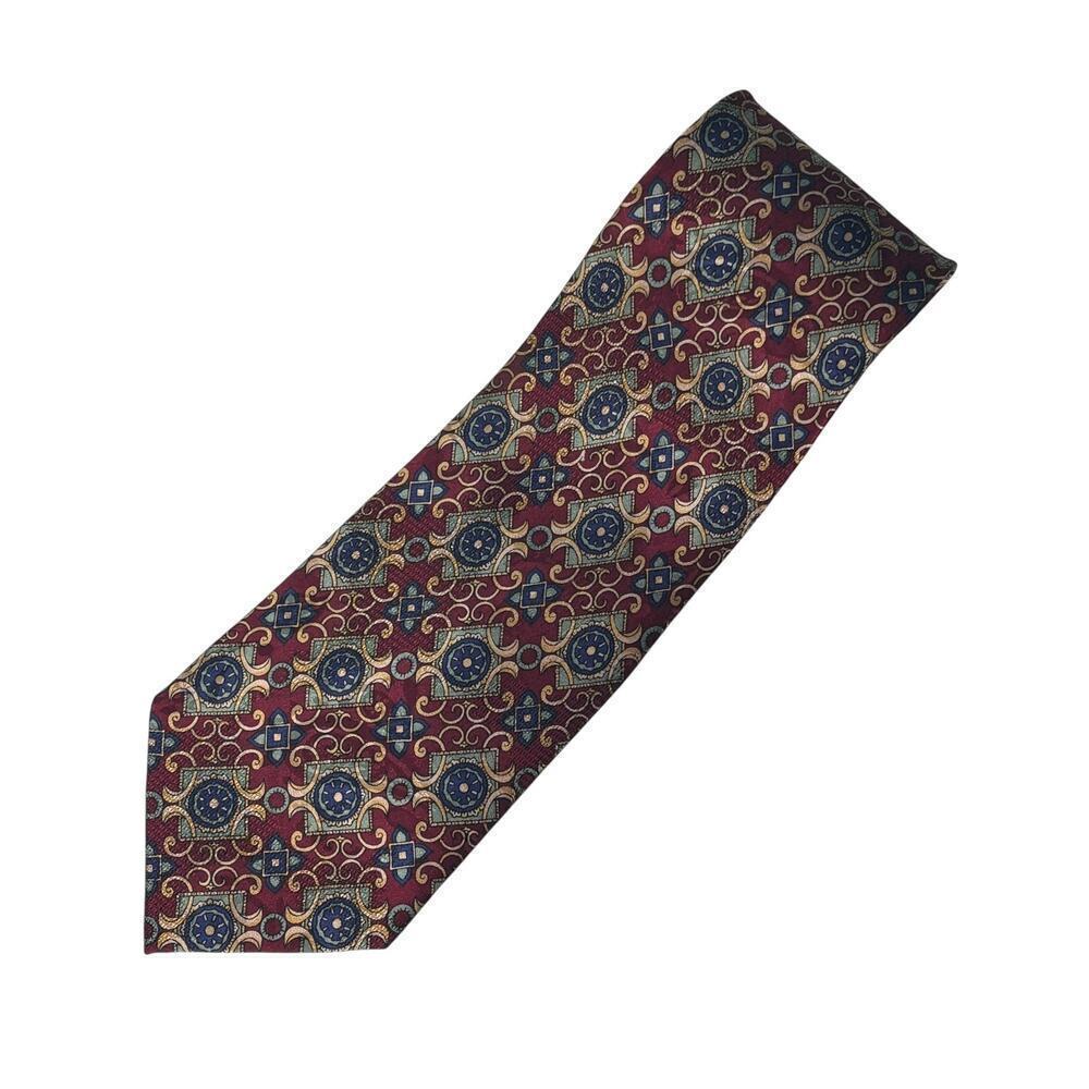Consenso Uomo Hand Sewn Silk Tie Maroon Blue Green Cream Print